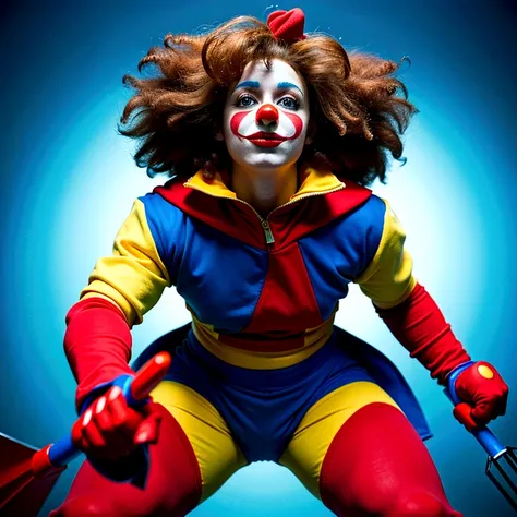 Thundercat, Superhero Costumes, Clown-like, The colors are mainly red and blue, The serrated shovel is the weapon of choice, Highest quality, masterpiece