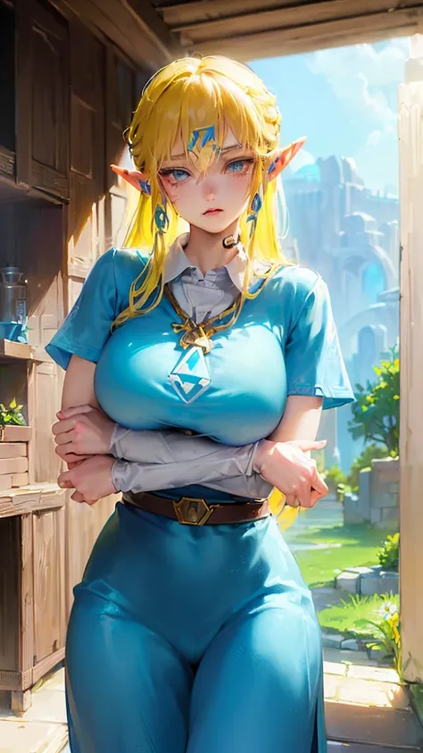 (((link(the legend of the zelda))),((gender bender,yellow hair,blue_eyes,cowboy shot,hair between eyes)),((link(the legend of the zelda) is a milf and lascivious,42 years old,gigantic clothing))