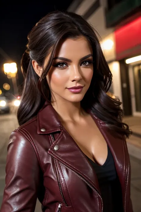 best quality, realistic, front pov, KristannaTX in a los angeles city street, (a female mexican supermodel), (seductive wine red leather jacket:1.1), cleavage, seductive smile, (dark hair), (updo hair:1.0), perfect eyes, sharp details, detailed face, face ...