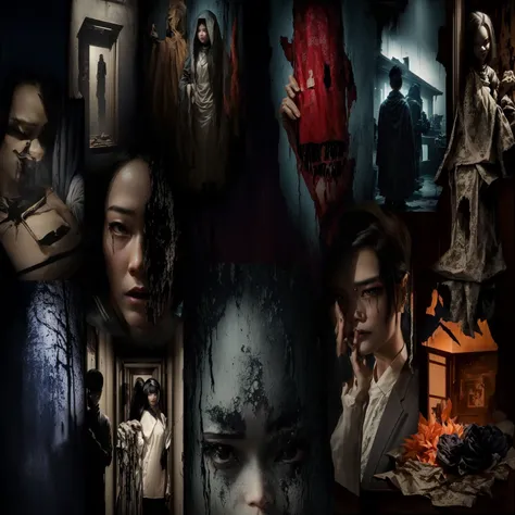 arafed A collage of a series of images of people in a dark room., หนังhorrorญี่ปุ่น, horror&quot;, horror &quot;, หนังhorrorญี่ปุ่น movie footage, horror lovecratftian, Netflix, important art, รายละเอียดงานศิลปะhorror 4k, โฆษณาหนังhorrorเรื่องใหม่, Promoti...