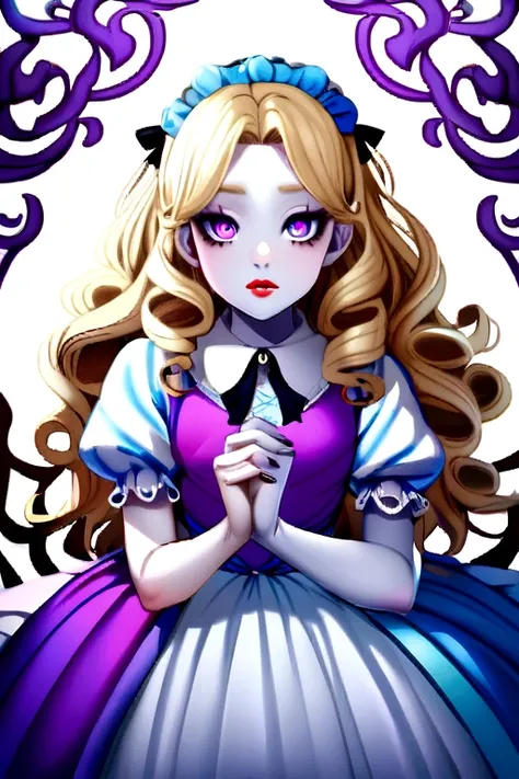 A curly blonde young girl, pale skin with violet eyes and reddish lips, dressed as Alice in Wonderland, in an erotic pose. 