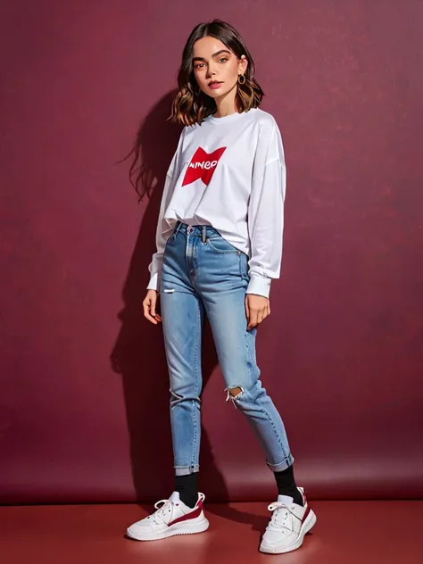 girl, casual outfit, sneakers, standing, maroon background, shirt