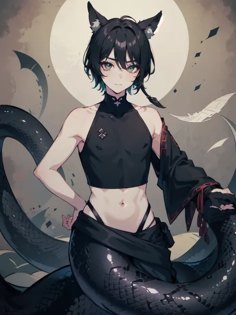 1 boy,more details in eyes,cute face,handsome,young,juvenile,((masterpiece:1.4,best quality)),multiple details,black hair,eyeshadow, lamia, snake tail, emo, crop top, black snake tail, fox ears, full body