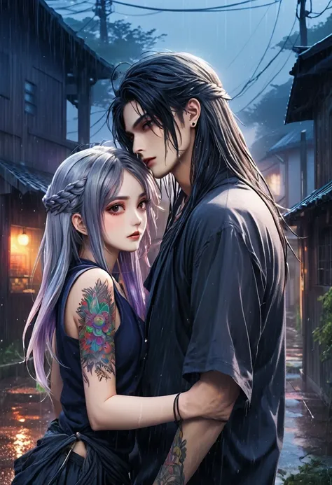 An ethereal sultryseductivedemonic 20 year old anime male druid with metallic long hair and tattoos, intimately holding and almost kissing a 20 year old anime male, anime druid demon male hellscape at night, manga inspired by Masashi Wakui, rainbow color p...