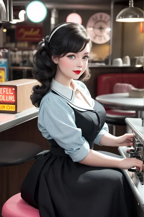 1Girl in a 50s style dress, complete with circle skirt and petticoat, her hair is styled in classic curlers. She should sit in an old-fashioned diner, surrounded by vintage details like a jukebox, Chrome accents, and neon signs. Your eyes should sparkle wi...