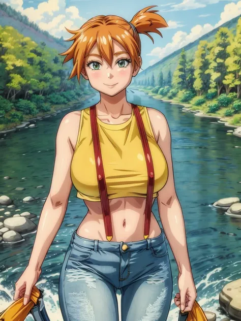 Anime-style illustrations, Adult, woman, One girl, alone, smile, View your viewers, Happy, cute, (river:1.2), Yellow Shirt, Crop top, suspenders, jeans