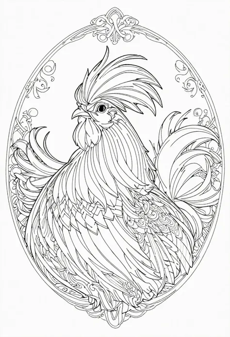 a coloring page with a rooster, black and white coloring, Coloring book outline, Detailed line art, clean coloring book page, stylized lines, art outline, detailed drawing in 4k, line art coloring page, detailed art, hyper Detailed line art, detailed digit...