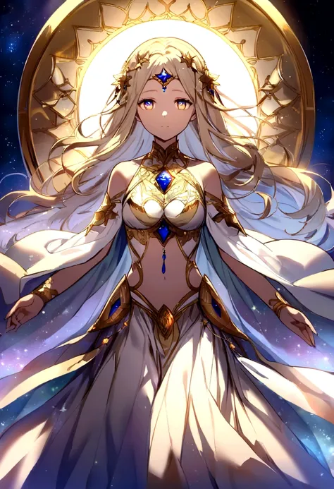 Goddess appears as a radiant, youthful figure, exuding an aura of boundless energy. Her skin has a golden hue, glowing softly like the first light of dawn. Her hair is long and wild, a cascade of shimmering gold that flows like a river of light. Her eyes a...