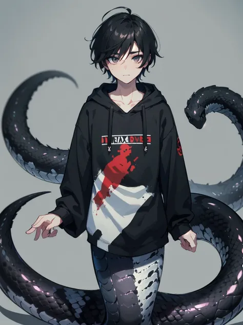 1 boy,more details in eyes,cute face,handsome,young,juvenile,((masterpiece:1.4,best quality)),multiple details,black hair,eyeshadow, lamia, snake tail, emo,hoodie, black snake tail, full body