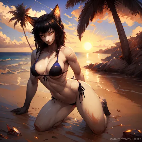 uploaded on e621, explicit content, 3d:0.8, (bastika, cutesexyrobutts, hioshiru), female, solo, kashanioh, beach setting, midday, bright sun, golden sand, crystal clear waves, palm tree, (dark black bikini), eropose, 