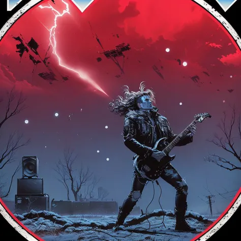 a close-up of a person with a guitar in a field, in style of heavy metal comic, heavy metal comic book cover, detailed cover art, inverno nuclear, metal album cover art, metallic destruction, heavy metal art style, 1 9 8 0&#39;s Heavy metal album art, just...