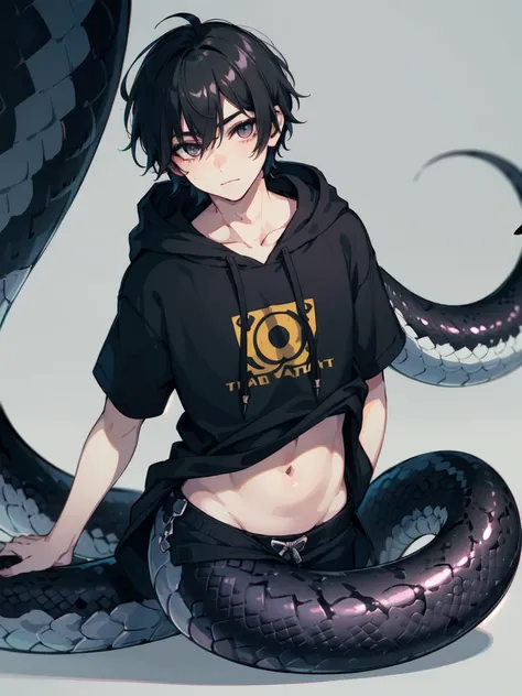 1 boy,more details in eyes,cute face,handsome,young,juvenile,((masterpiece:1.4,best quality)),multiple details,black hair,eyeshadow, lamia, snake tail, emo,hoodie, black snake tail, full body, lifting up hoodie to show belly