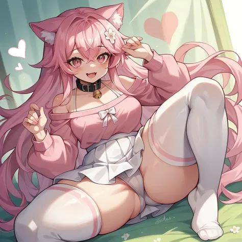 nothing, pink  hair, PINK CAT Ears, eyes of the god niji, god of eyes, eyes with pink heart symbol, white and pale skin, fluffly, thick thighs, thick thighs, detailed artwork, pink shirt, flag on the arm of BI pride, white skirt, silk stockings, socks with...