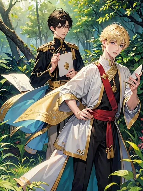 Help me make the cover of my book that is about a blonde prince who meets a black-haired boy in the forest, the black haired boy holds a letter for the prince 