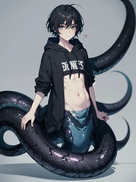 1 boy,more details in eyes,cute face,handsome,young,juvenile,((masterpiece:1.4,best quality)),multiple details,black hair,eyeshadow, lamia, snake tail, emo,hoodie, black snake tail, full body, lifting up hoodie to show belly