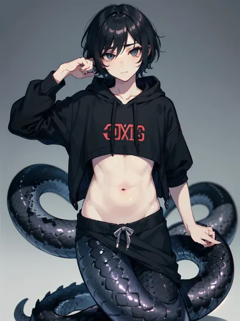 1 boy,more details in eyes,cute face,handsome,young,juvenile,((masterpiece:1.4,best quality)),multiple details,black hair,eyeshadow, lamia, snake tail, emo,hoodie, black snake tail, full body, lifting up hoodie to show belly