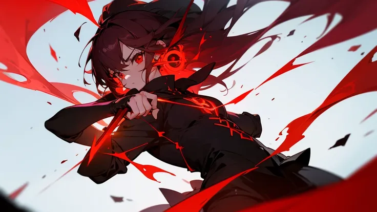 anime girl, holding powerful red rune in between hands, powerful scenemy, black and red energy overflowing around