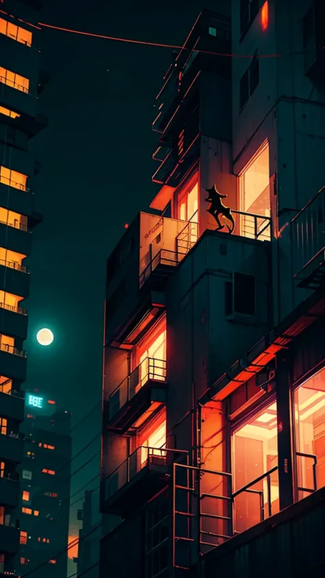 neon, cyber punk, natta, night-time, moon with strong light, orange cat, on top of a building, on the edge of the building,