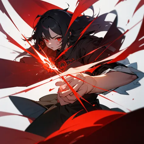 anime girl, holding powerful red rune in between hands, powerful scenemy, black and red energy overflowing around