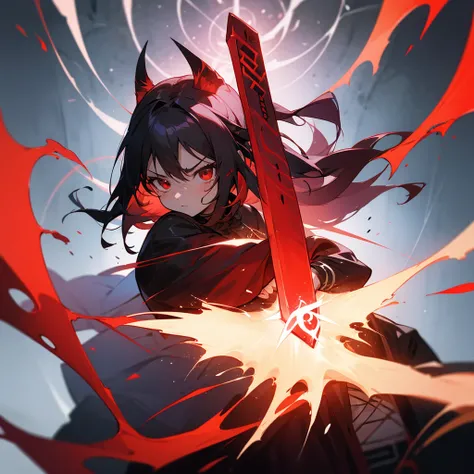 anime girl, holding powerful red rune in between hands, powerful scenemy, black and red energy overflowing around