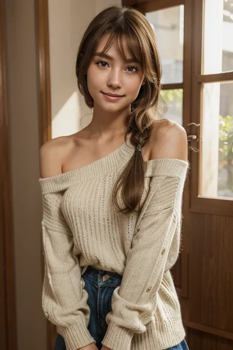  photorealistic image (8K quality) of a beautiful young woman with light brown hair. She has a super detailed face and a focused, sharp expression. She is a slender Japanese high school girl with random hairstyles. She is wearing loose and light knitwear, ...