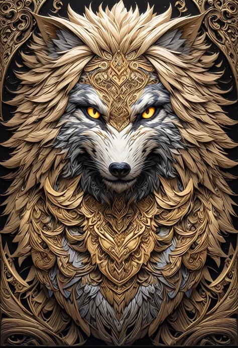 a drawing of a lobo with a flower pattern on its face, highly detailed and hypnotic, hyper detailed lobo - like face, goldenlobo...