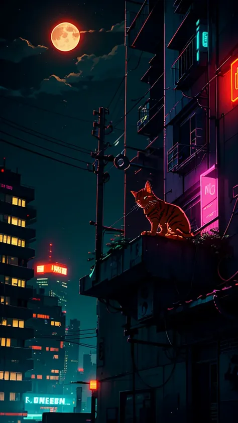 neon, cyber punk, natta, night-time, moon with strong light, orange cat, on top of a building, on the edge of the building,