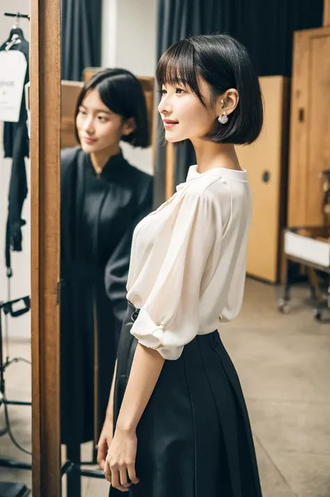 Suit, backstage at studio, talent agency manager,((full body)),((photo)),((best qualtiy, 8K, tmasterpiece:1.3)), Focus:1.2, perfect figure beautiful girl:1.4,1girl,cowboy shot,look at viewer,incredibly absurd, beautiful and cute girl with a photorealistic ...