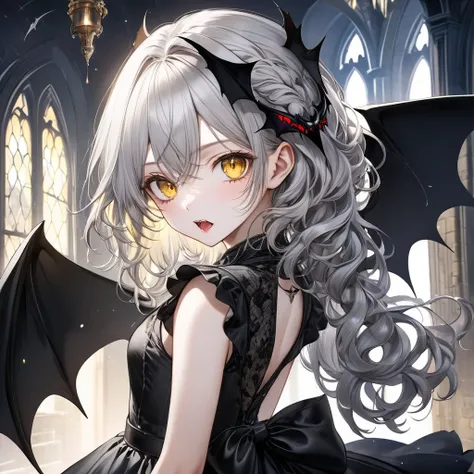 (professional photography style), (10 yo, solo curly silver hair long hair beautiful vampire girl, detailed yellow eyes, white skin, own back with biggest Bat Wings, detailed Canine mouth), in a black elegant dress, break, in the Old castle of night, backg...