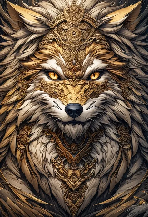 a drawing of a lobo with a flower pattern on its face, highly detailed and hypnotic, hyper detailed lobo - like face, goldenlobo...