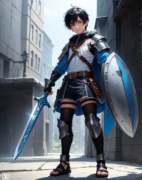 Young 13-year-old boy with black hair and brown eyes, innocent and happy, dressed in short neon-blue medieval barbarian clothes, fur shorts, light-blue battle armor, weilding silver sword and shield, sandals; fullbody; short hair, boyish athletic, sexy