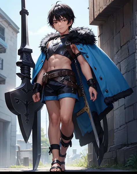 Young 13-year-old boy with black hair and brown eyes, innocent and happy, dressed in short neon-blue medieval barbarian clothes, fur shorts, light-blue battle armor, weilding silver sword and shield, sandals; fullbody; short hair, boyish athletic, sexy