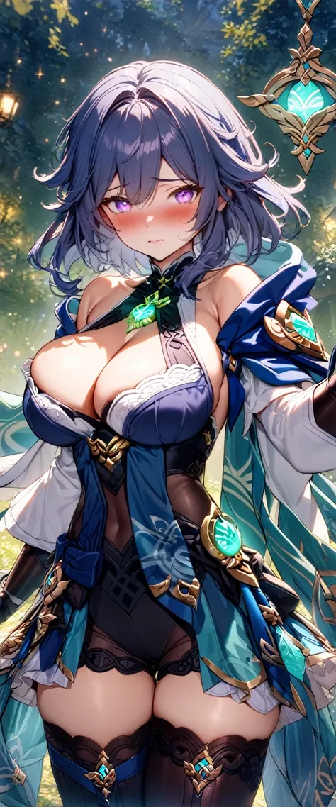 (masterpiece), best quality, expressive eyes, perfect face,1girl,wanderer,genshin impact,meadow background,blue hair,shy,blush,cowboy shot,glowing eyes,purple eyes,red eyeliner,big breasts,cleavage,bare shoulders,magical girl,frilled layered skirt,thighhig...