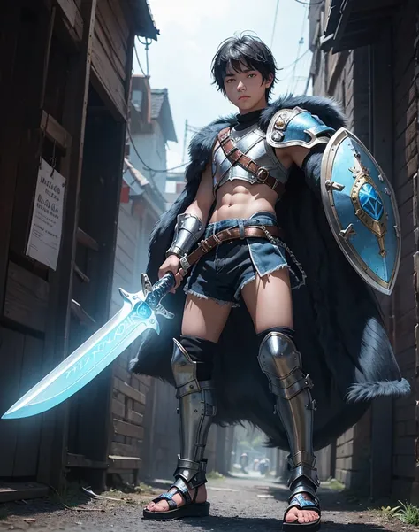 Young 13-year-old boy with black hair and brown eyes, innocent and happy, dressed in short neon-blue medieval barbarian clothes, fur shorts, light-blue battle armor, weilding silver sword and shield, sandals; fullbody; short hair, boyish athletic, sexy,