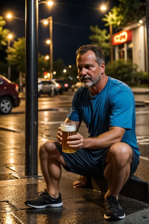 Forty-something man drinking beer on the sidewalk under thunderstorm