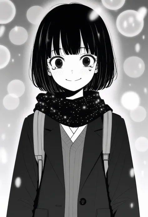 masterpiece, best quality, 1girl, mamerakkkkko, grayscale, manga style, japanese, chi no wadachi, black eyes, street, iced, black hair, schoolbag, smile, lineart, black coat, black scarf, black pleated skirt, leggins, centered, 18 years old, tall, fair ski...