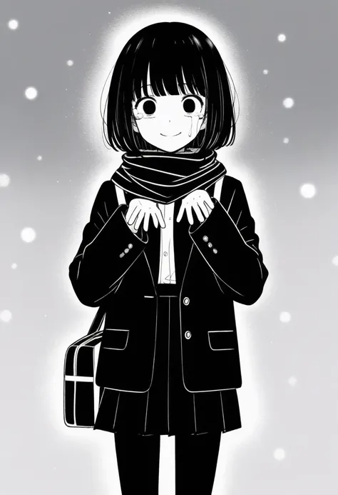 masterpiece, best quality, 1girl, mamerakkkkko, grayscale, manga style, japanese, chi no wadachi, black eyes, street, iced, black hair, schoolbag, smile, lineart, black coat, black scarf, black pleated skirt, leggins, centered, 18 years old, tall, fair ski...