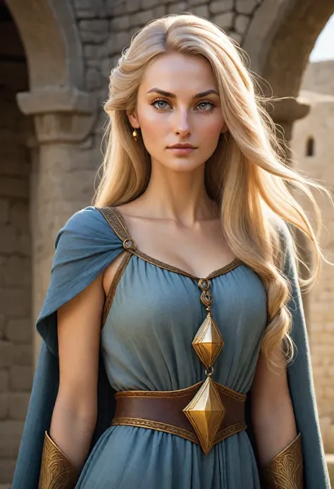 Simple medieval fantasy clothing, A 37-year-old woman with an endomorphic body and medium-toned skin stands before you. Her very long, sandy blonde hair flows simply down her back. She has a triangular face with slanted eyes, full lips, and medium, softly ...