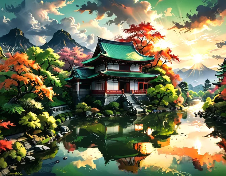 a National Geographic picture of dark Japanese medieval temple, as the sun (rises in the horizon: 1.1), it sits on the bank of a river near surrounded by cherry trees, almond trees, Japanese maple trees, (all trees in many colorful shades of green, red, pi...