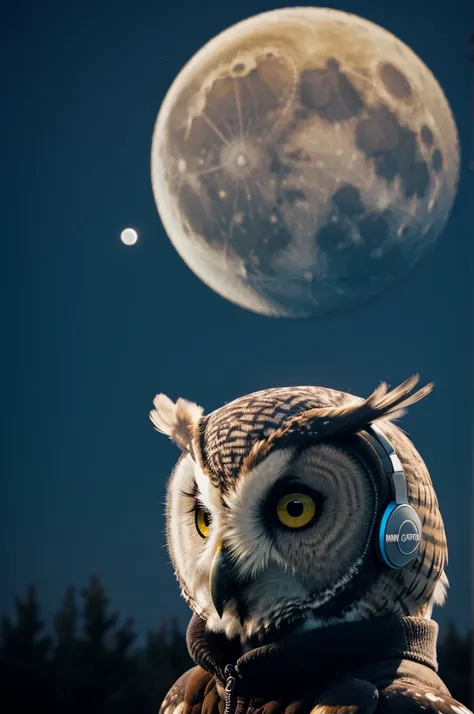 Owl with headphones placed in his ear moon in the background 