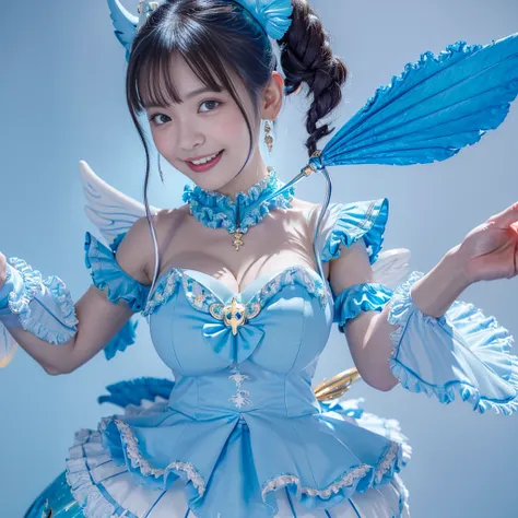 Highest quality，masterpiece，Very detailed, 8K，Beautiful Japanese Women:1.5, Small face, (Detailed glamorous light blue and blue magical girl heroine with frilly outfit:1.5),　Ecstatic expression、　Breast Augmentation Surgery, Very detailedな臭い脇の下