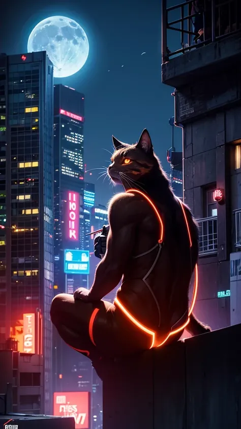 neon, cyber punk, natta, night-time, moon with strong light, orange cat, on top of a building, on the edge of the building,