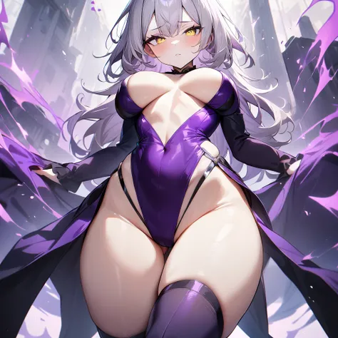 1girl,pale hair,yellow eyes,pale eyes,masterpiece,best quality,very aesthetic,absurdres,(front view),(purple colors),(breast),body,(Thighs),apart,