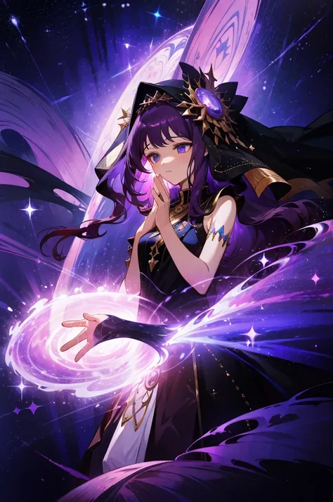 Masterpiece, Dreamlike art, 8K, best quality, 1 woman, alone, veil, Goddess of Emptiness, celestial body, shiny purple hair, dark colored hair, Long, wavy hair with straws, sacred gesture, expressionless, beautiful girl, Young woman, A flashy sleeveless tu...