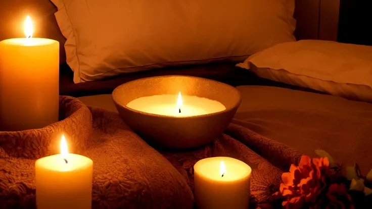 Aromas and candles are lit in the bed of a cozy luxury hotel in the dark of night.