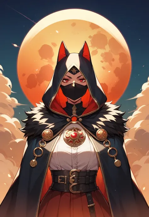 She wears a dark red cloak and covers her head with the cloak and wears a mask, wearing a solar eclipse badge to tie the cloak together.she wears a mask and het hair is black and short and she has cat ears