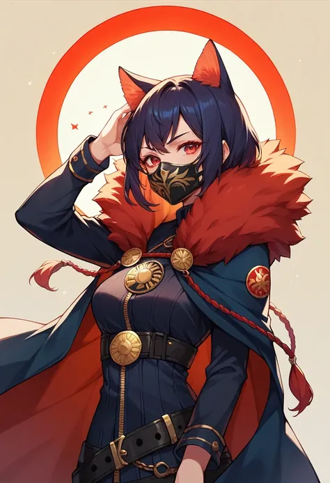 She wears a dark red cloak and covers her head with the cloak and wears a mask, wearing a solar eclipse badge to tie the cloak together.she wears a mask and het hair is black and short and she has cat ears