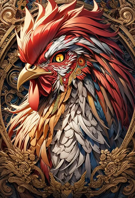 a drawing of a rooster with a flower pattern on its face, highly detailed and hypnotic, hyper detailed rooster - like face, gold...