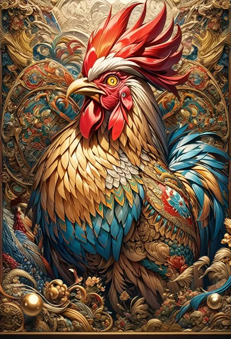 a drawing of a rooster with a flower pattern on its face, highly detailed and hypnotic, hyper detailed rooster - like face, gold...