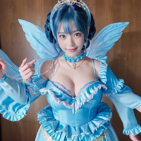 Highest quality，masterpiece，Very detailed, 8K，Beautiful Japan woman at 32 years old:1.5, Small face, (Detailed glamorous light blue and blue magical girl heroine with frilly outfit:1.5),　Ecstatic expression、　Breast Augmentation Surgery, Very detailedな臭い脇の下